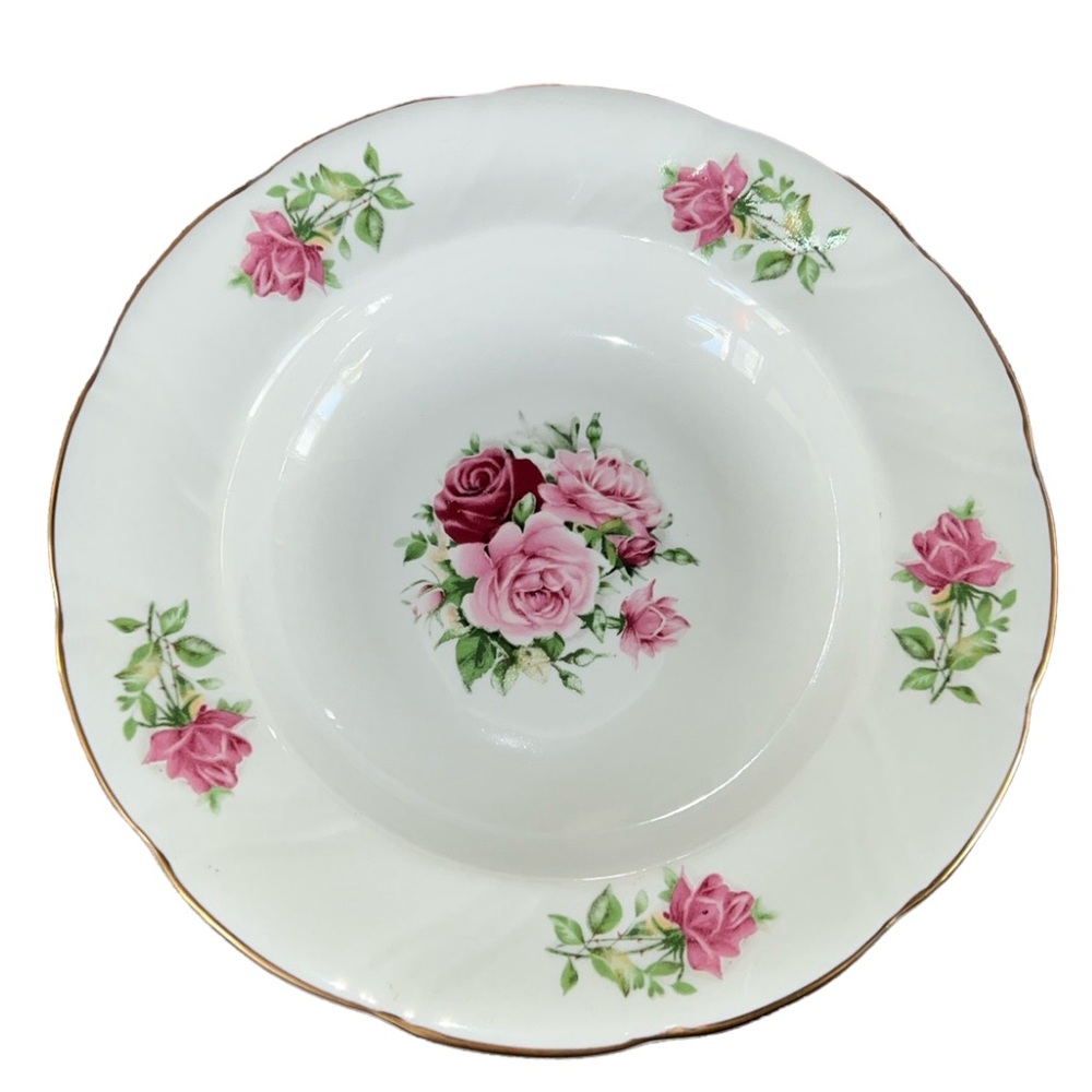 CERAMIC BOWL MARIA PATTERN FORMALITIES BY BAUM BROS ROSES & LEAVES, GOLD TRIM